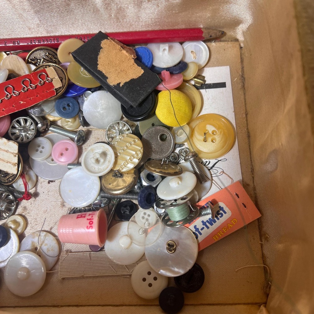VTG Sewing Notions Lot with Antique Thread Spools, Buttons, Snaps & NO Basket - Picture 6 of 8